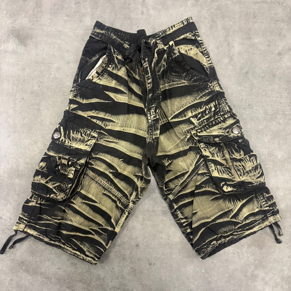 Jerky Style & Classic Mens Tiger Stripe Acid Wash Cargo Shorts Black Tan 34
